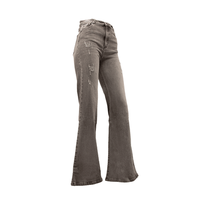 Jeans mujer Flare  tiro alto y roturas gris