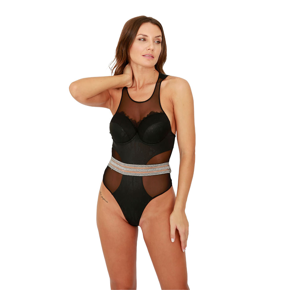 Body mujer semitransparente de malla y encaje negro